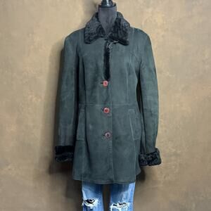 Vintage Italian Shearling Coat Jet Black Suede w/ Plush Fur Collar Mimmo Motta